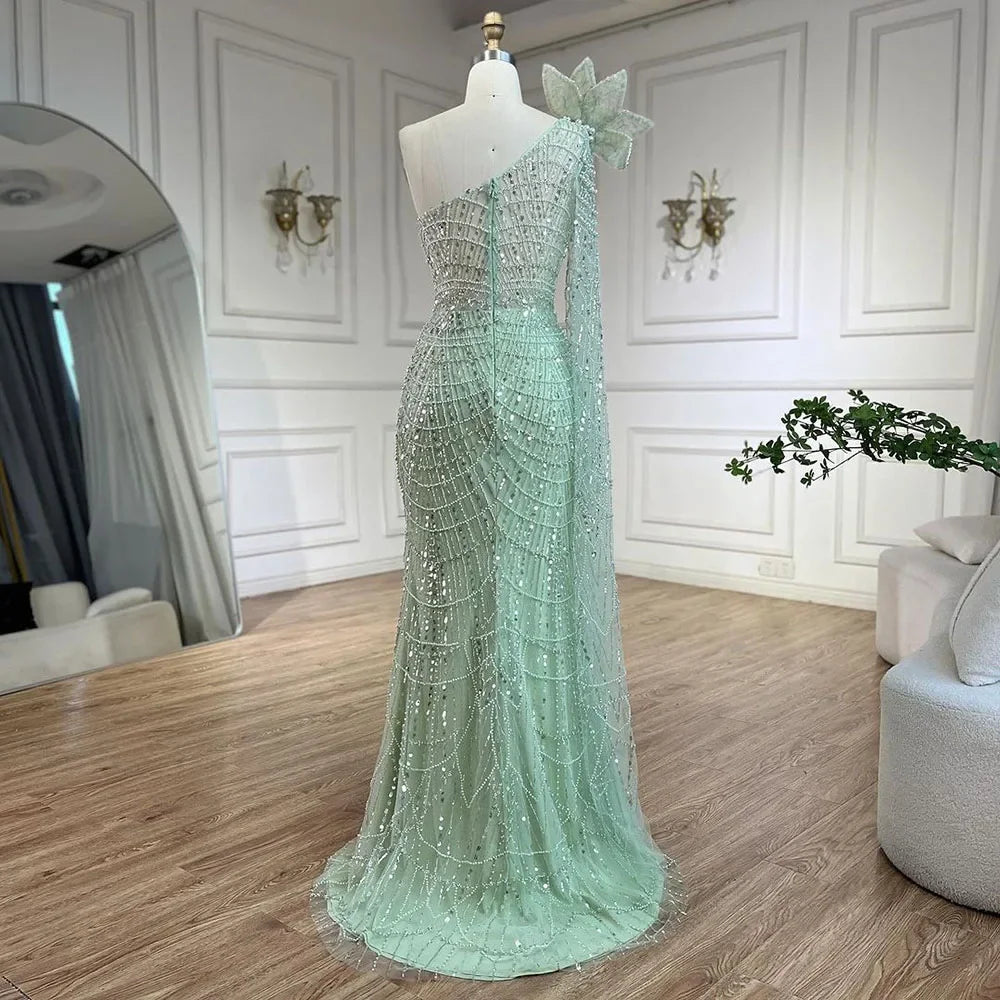 Luxury Sage Green One-Shoulder Pearls Beaded Evening Dress LA72511