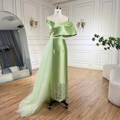 Serene Hill Sage Green Satin One-Shoulder Beaded Mermaid Tea-Length Evening Gown for Women - Wedding Party  LA72194