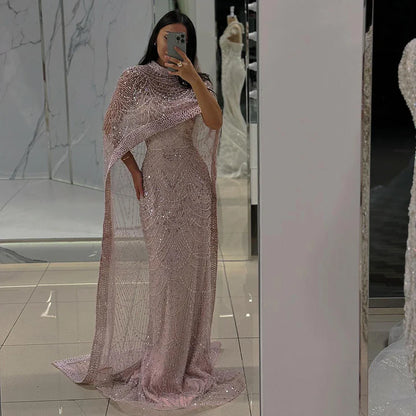 Luxury Dubai Nude Mermaid Long Cape Evening Dress LA72032P