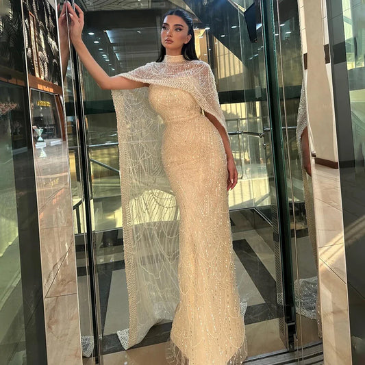 Luxury Dubai Nude Mermaid Long Cape Evening Dress LA72032P