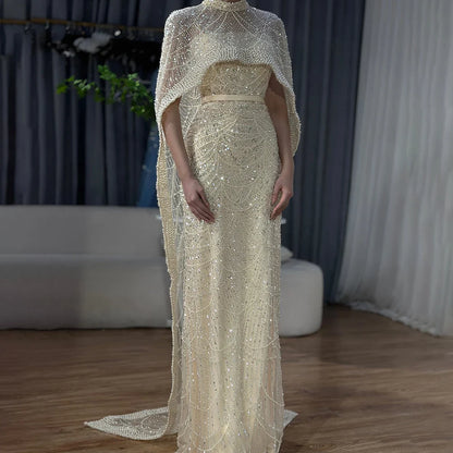 Luxury Dubai Nude Mermaid Long Cape Evening Dress LA72032P