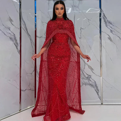 Luxury Dubai Nude Mermaid Long Cape Evening Dress LA72032P
