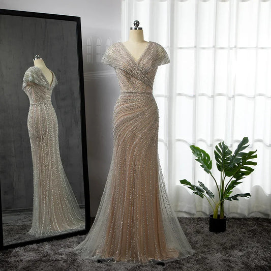 Luxuriöses silbernes, hautfarbenes Meerjungfrau-Abendkleid für Partys LA71686