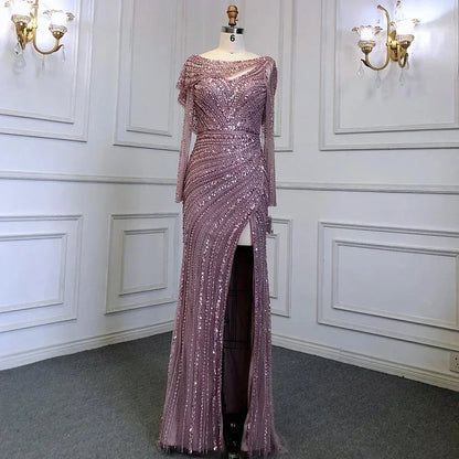Serene Hill Silver Nude Mermaid Elegant High Spli Evening Dresses Gowns Luxury Beaded 2025 For Women Party LA70752L