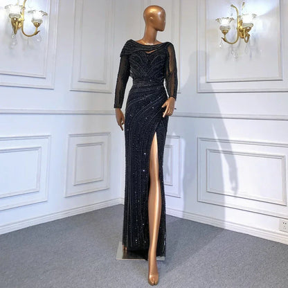 Serene Hill Silver Nude Mermaid Elegant High Spli Evening Dresses Gowns Luxury Beaded 2025 For Women Party LA70752L