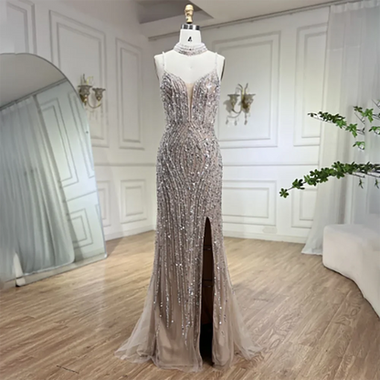 Classy Silver Nude Mermaid Spaghetti Straps Beaded Prom Dress LA72047B