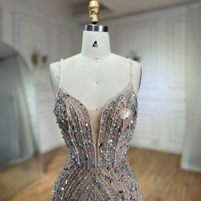 Classy Silver Nude Mermaid Spaghetti Straps Beaded Prom Dress LA72047B