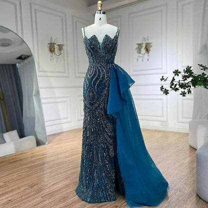 Spaghetti Straps Sage Green Mermaid Evening Dress with Overskirt LA72378