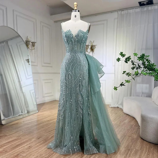 Spaghetti Straps Sage Green Mermaid Evening Dress with Overskirt LA72378