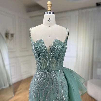 Spaghetti Straps Sage Green Mermaid Evening Dress with Overskirt LA72378