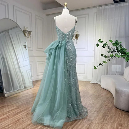 Spaghetti Straps Sage Green Mermaid Evening Dress with Overskirt LA72378