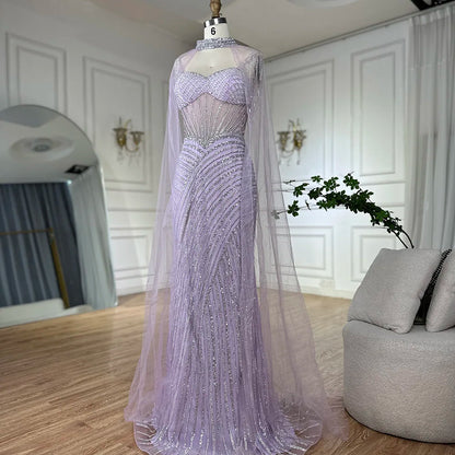 Luxury Dubai Spaghetti Strap Long Nude Mermaid  Beaded  Cape With Sleeves Evening Dresses Gowns  LA72860