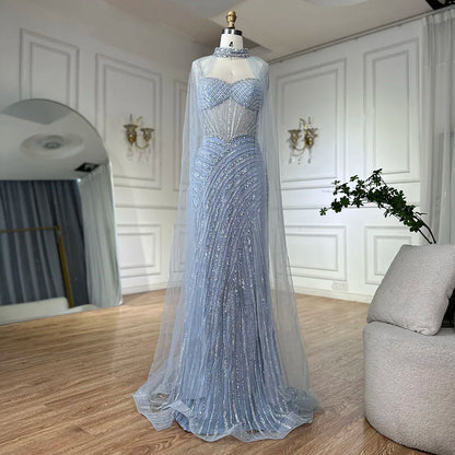 Luxury Dubai Spaghetti Strap Long Nude Mermaid  Beaded  Cape With Sleeves Evening Dresses Gowns  LA72860