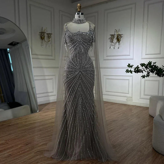 Luxury Tassel Champagne Mermaid Evening Dress with Cape LA72587