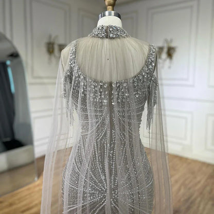 Luxury Tassel Champagne Mermaid Evening Dress with Cape LA72587