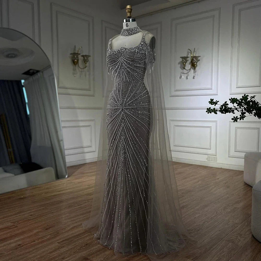 Luxury Tassel Champagne Mermaid Evening Dress with Cape LA72587