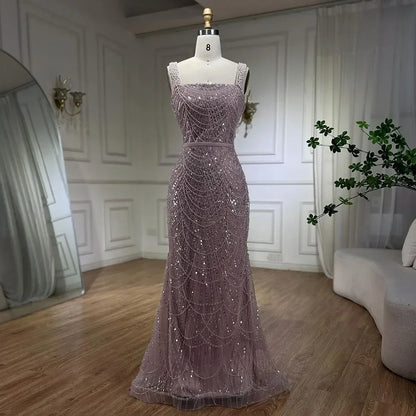 Serene Hill Turquoise Mermaid Beaded Pearls Spaghetti Straps and Floor Length Evening Gown Party Dress for Women 2025 LA72032C
