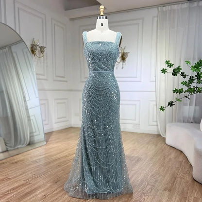 Serene Hill Turquoise Mermaid Beaded Pearls Spaghetti Straps and Floor Length Evening Gown Party Dress for Women 2025 LA72032C