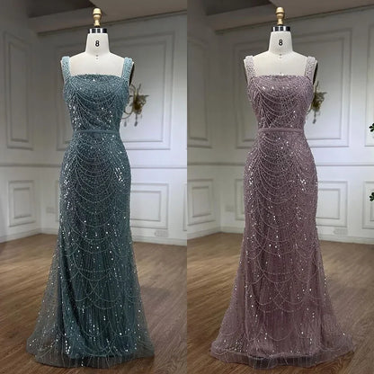 Serene Hill Turquoise Mermaid Beaded Pearls Spaghetti Straps and Floor Length Evening Gown Party Dress for Women 2025 LA72032C