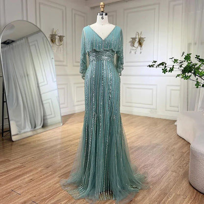 Luxury Turquoise Mermaid Evening Dress with Long Cape LA72258