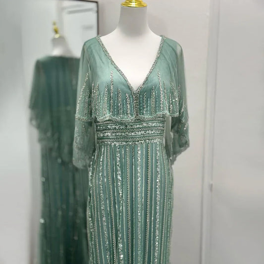 Luxury Turquoise Mermaid Evening Dress with Long Cape LA72258