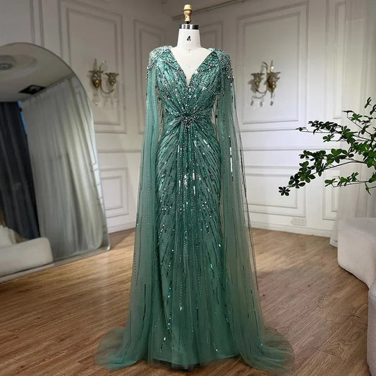 Luxury  Designer Turquoise Mermaid Beaded Evening Dress with Cape LA72168A