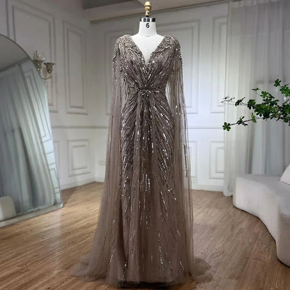 Luxury  Designer Turquoise Mermaid Beaded Evening Dress with Cape LA72168A