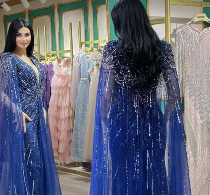 Luxury  Designer Turquoise Mermaid Beaded Evening Dress with Cape LA72168A