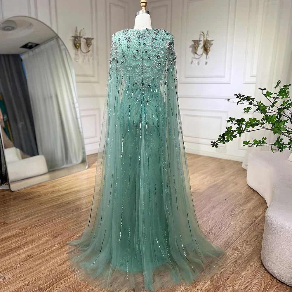 Luxury  Designer Turquoise Mermaid Beaded Evening Dress with Cape LA72168A