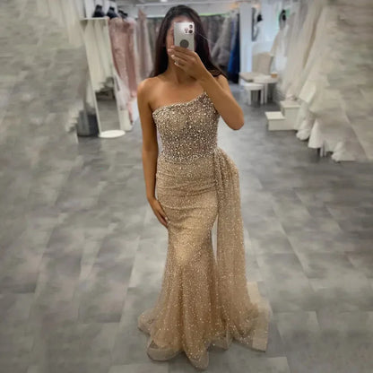 Sparkly Crystal Turquoise One Shoulder Evening Dress LA72144
