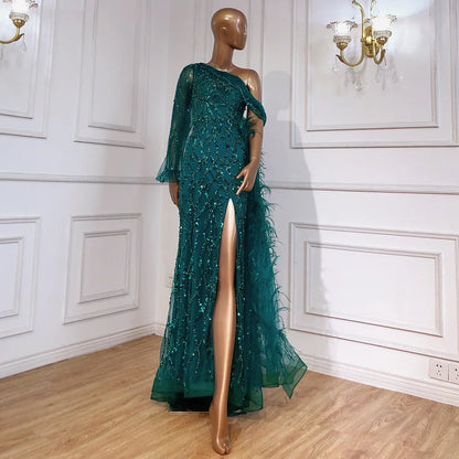 Luxury Dubai Turquoise Mermaid Overskirt Evening Dresses Gowns  Luxury Beaded Elegant For Women Party LA71466