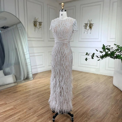 White Nude Ankle Length Beaded Evening Dress with Feathers LA72076A
