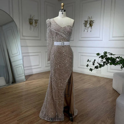 Serene Hill White Nude Mermaid One Shoulder High Split Beaded Luxury Evening Dresses Gowns For Women Wedding Party  LA72269