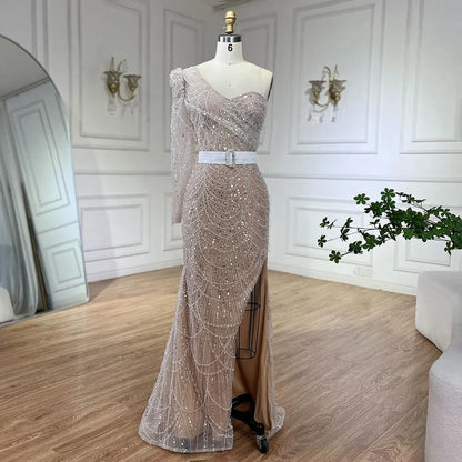 Serene Hill White Nude Mermaid One Shoulder High Split Beaded Luxury Evening Dresses Gowns For Women Wedding Party  LA72269