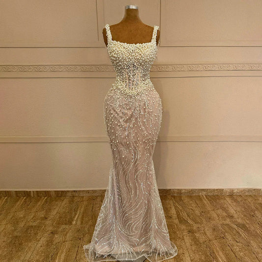 Luxury White Nude Pearl Beaded Mermaid Evening Dress LA72266