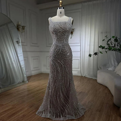 Luxury White Nude Pearl Beaded Mermaid Evening Dress LA72266