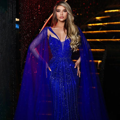 Luxury Royal Blue Mermaid Evening Dress with Cape LA72198