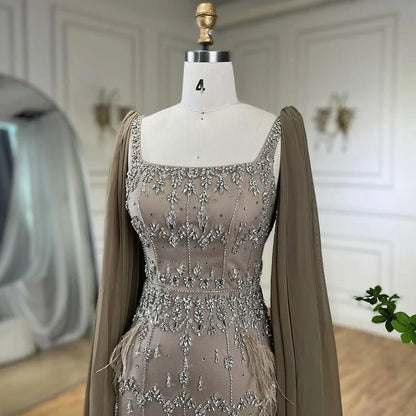 Luxury Caramel Beaded Mermaid Evening Dress with Feathers LA71492B