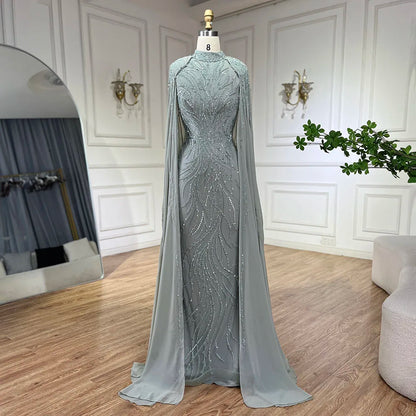 Modest Muslim Sage Green Evening Dress with Cape Long Sleeves LA72413A