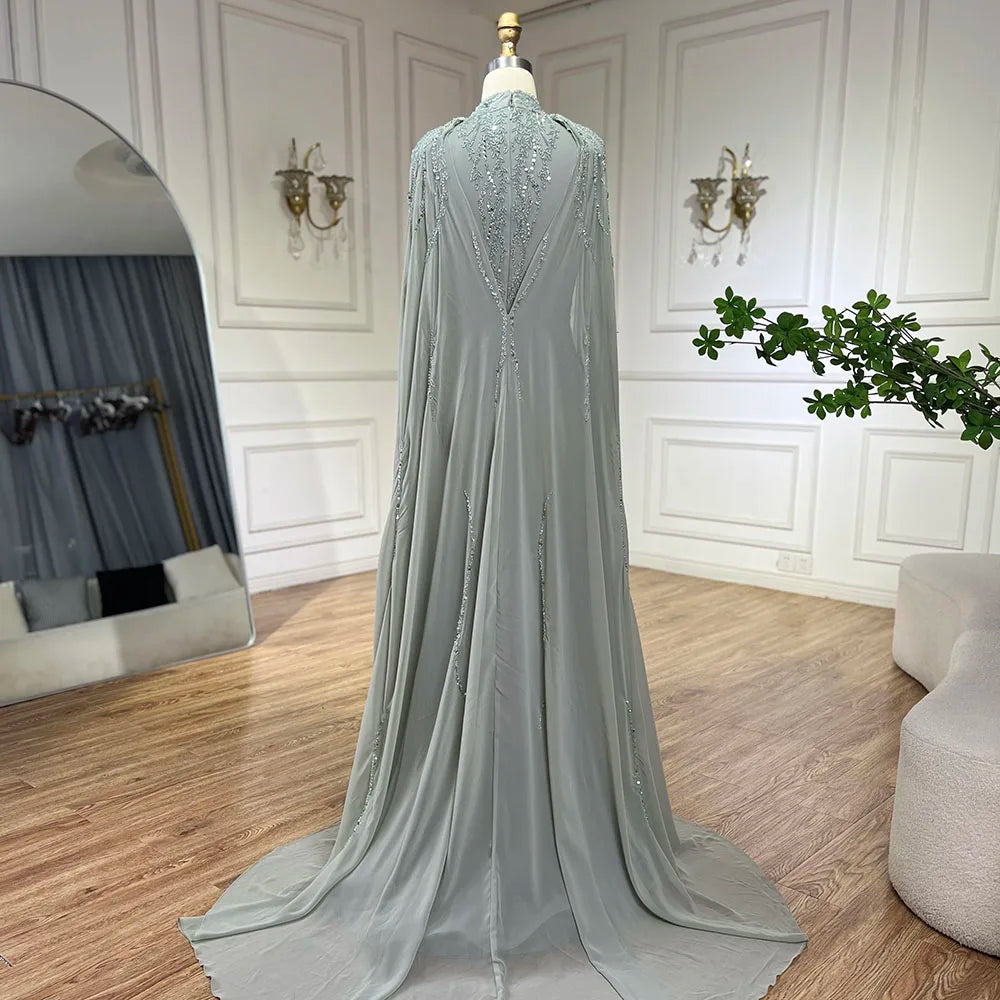Modest Muslim Sage Green Evening Dress with Cape Long Sleeves LA72413A