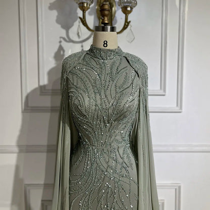 Modest Muslim Sage Green Evening Dress with Cape Long Sleeves LA72413A