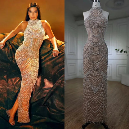 Serene Hill silver nude Halter Sleeveless Pearls Beaded Mermaid Evening Gowns 2025 Elegant Party Dresses for Women LA72091