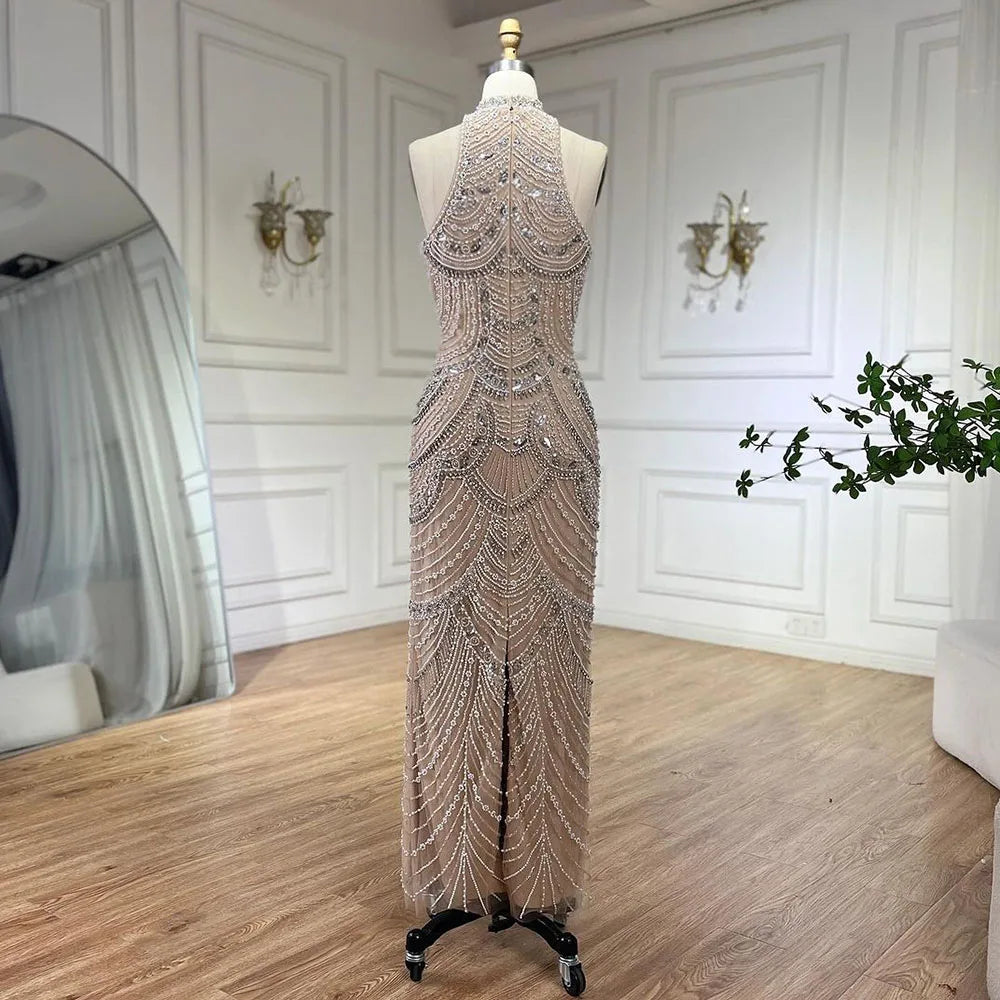 Serene Hill silver nude Halter Sleeveless Pearls Beaded Mermaid Evening Gowns 2025 Elegant Party Dresses for Women LA72091