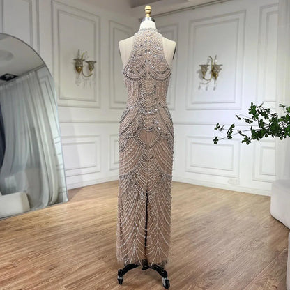 Serene Hill silver nude Halter Sleeveless Pearls Beaded Mermaid Evening Gowns 2025 Elegant Party Dresses for Women LA72091