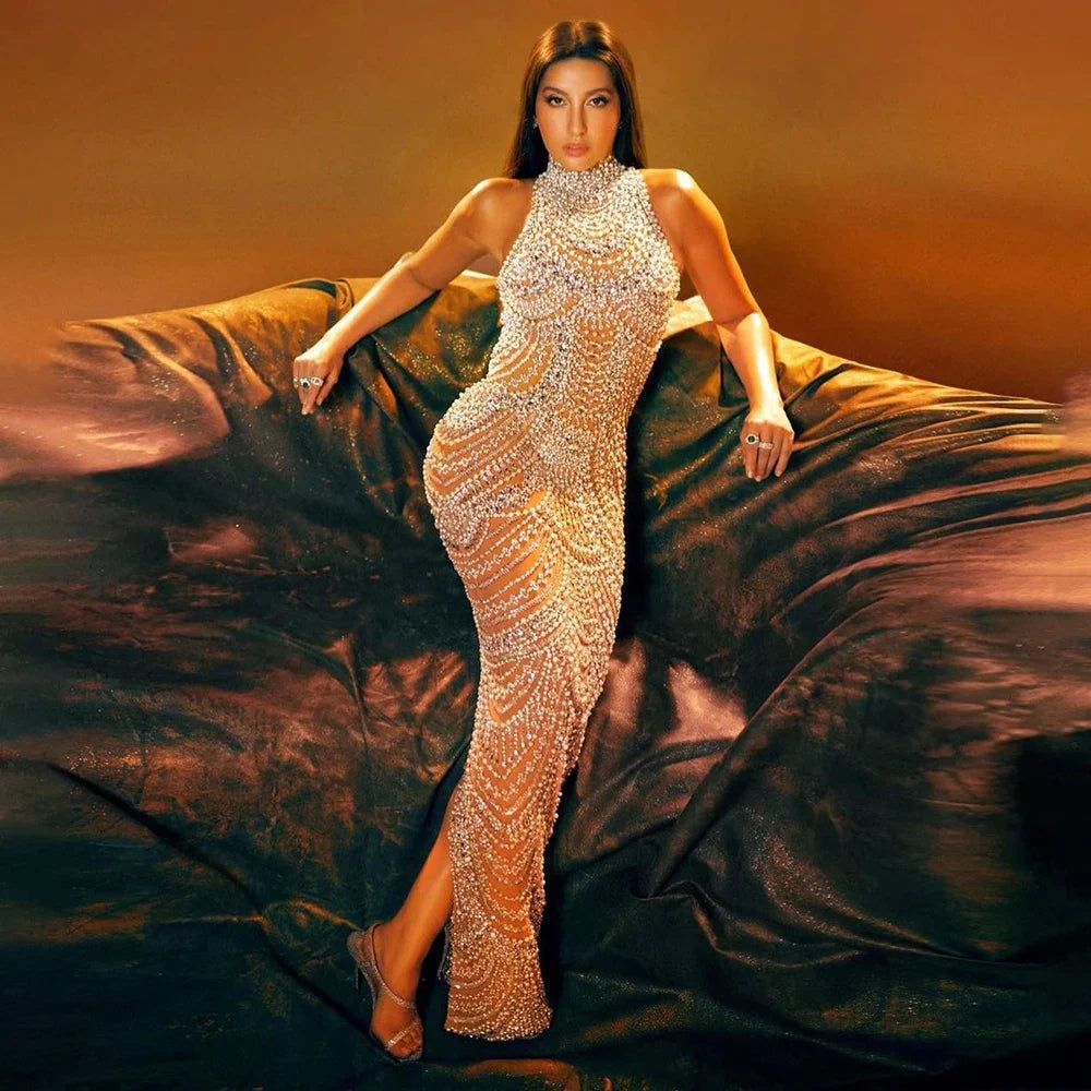 Serene Hill silver nude Halter Sleeveless Pearls Beaded Mermaid Evening Gowns 2025 Elegant Party Dresses for Women LA72091