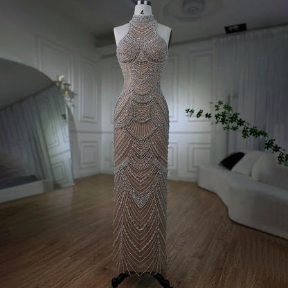 Serene Hill silver nude Halter Sleeveless Pearls Beaded Mermaid Evening Gowns 2025 Elegant Party Dresses for Women LA72091