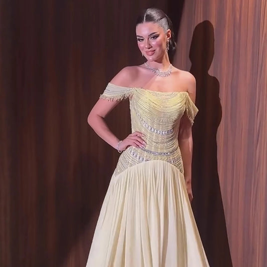 Luxury Evening Dress Yellow Off Shoulder Beaded A-Line Gown LA73350