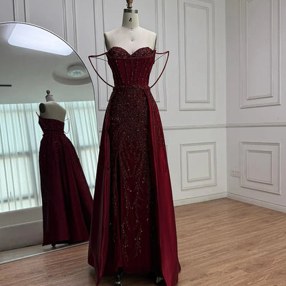 Luxury Red Beaded High Slit Evening Gown with Overskirt LA72936