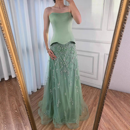 Elegant Sage Green Beaded A-Line Evening Dress Gown LA72809