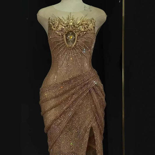 Luxury Saudi Arabic Nude Beaded High Split Evening Dress LA73436